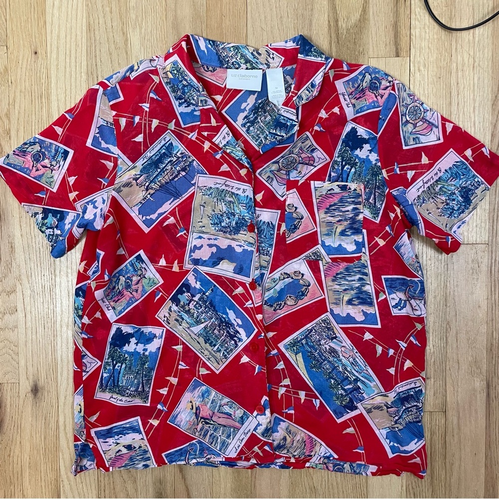 Liz Claiborne Tourist Postcard Print Shirt Red Medium Button Down Retro Travel